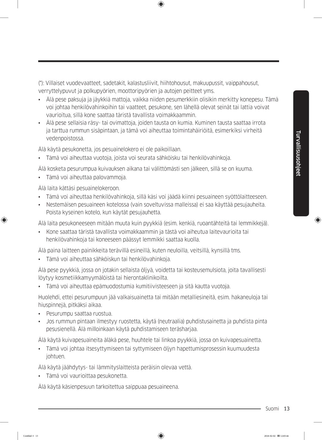 Samsung WD10N84INOA/EE manual Suomi 13  